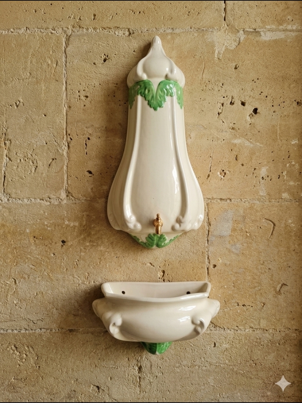 Vintage 1983 Ceramic Lavabo Wall Fountain Set - Green Leaf & Cream - 2pc